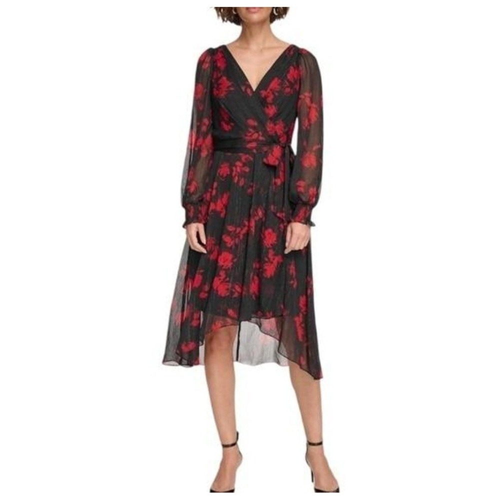 DKNY Black Red Floral Chiffon Wrap Dress V Neck Puff Sleeve Sz 6 Dark Romantic - Picture 5 of 11